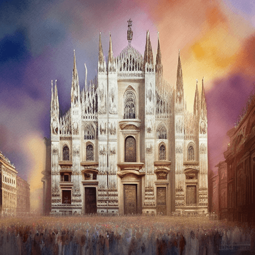 AI generated: A stunning watercolor-inspired illustration of Three-Quarter View of a Milan Cathedral with delicate...