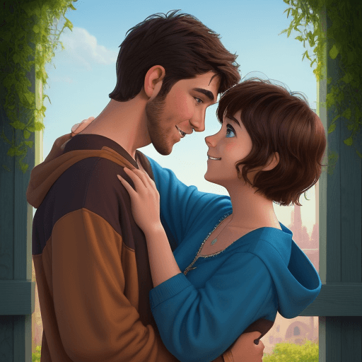AI generated: disney pixar movie like encanto cover of an movie, title is "ONE LOVE" , cartoon A young couple arou...