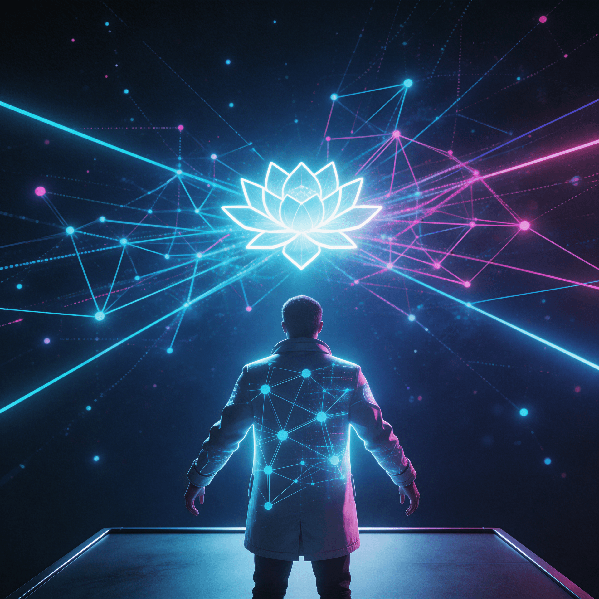 AI generated: figure seen from behind standing on platform overlooking massive network 
infrastructure, enormous g...