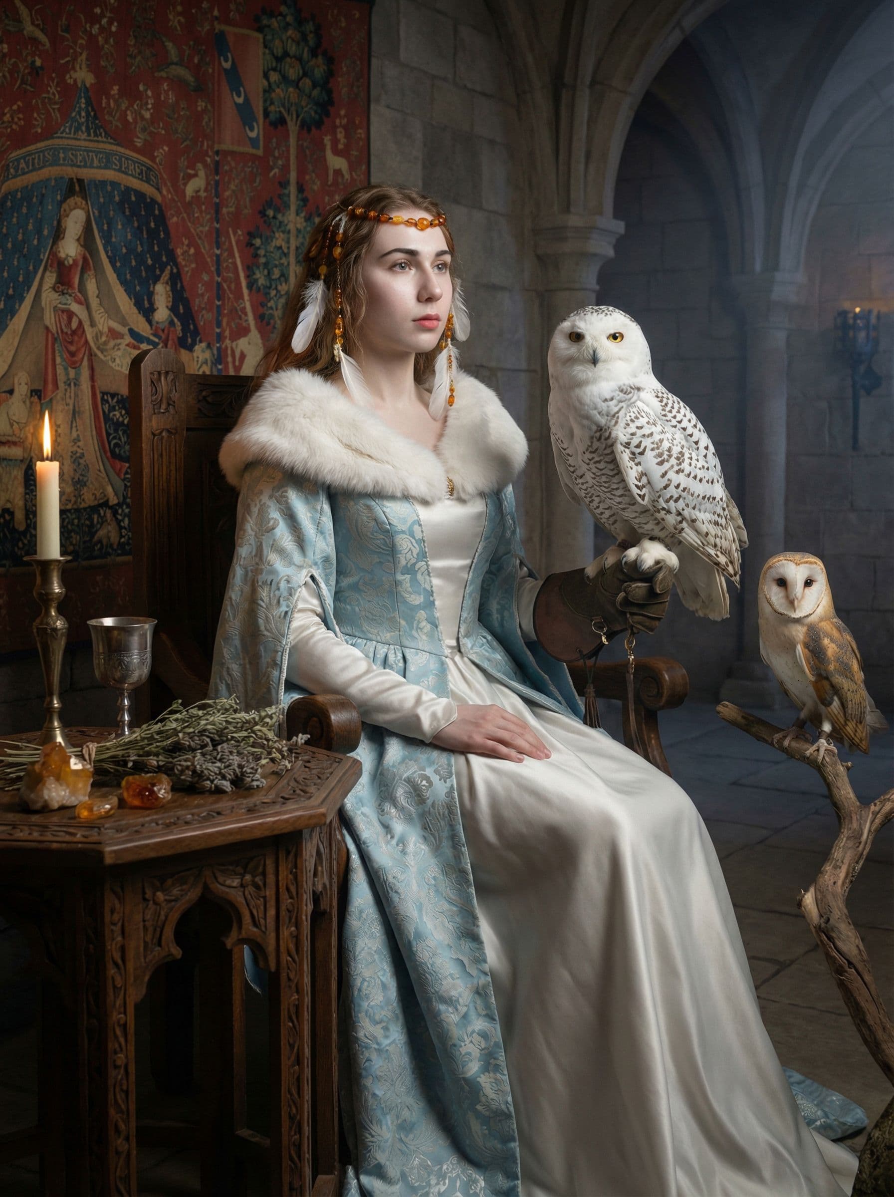 AI generated: images of woman with her owls, in the style of ethereal beauty, porcelain, dark white and light azur...