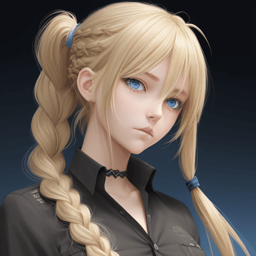 AI generated: (((whisky_project))), ((blonde)), (((blue eyes))), single long braid, single braid, bangs, ahoge, lo...