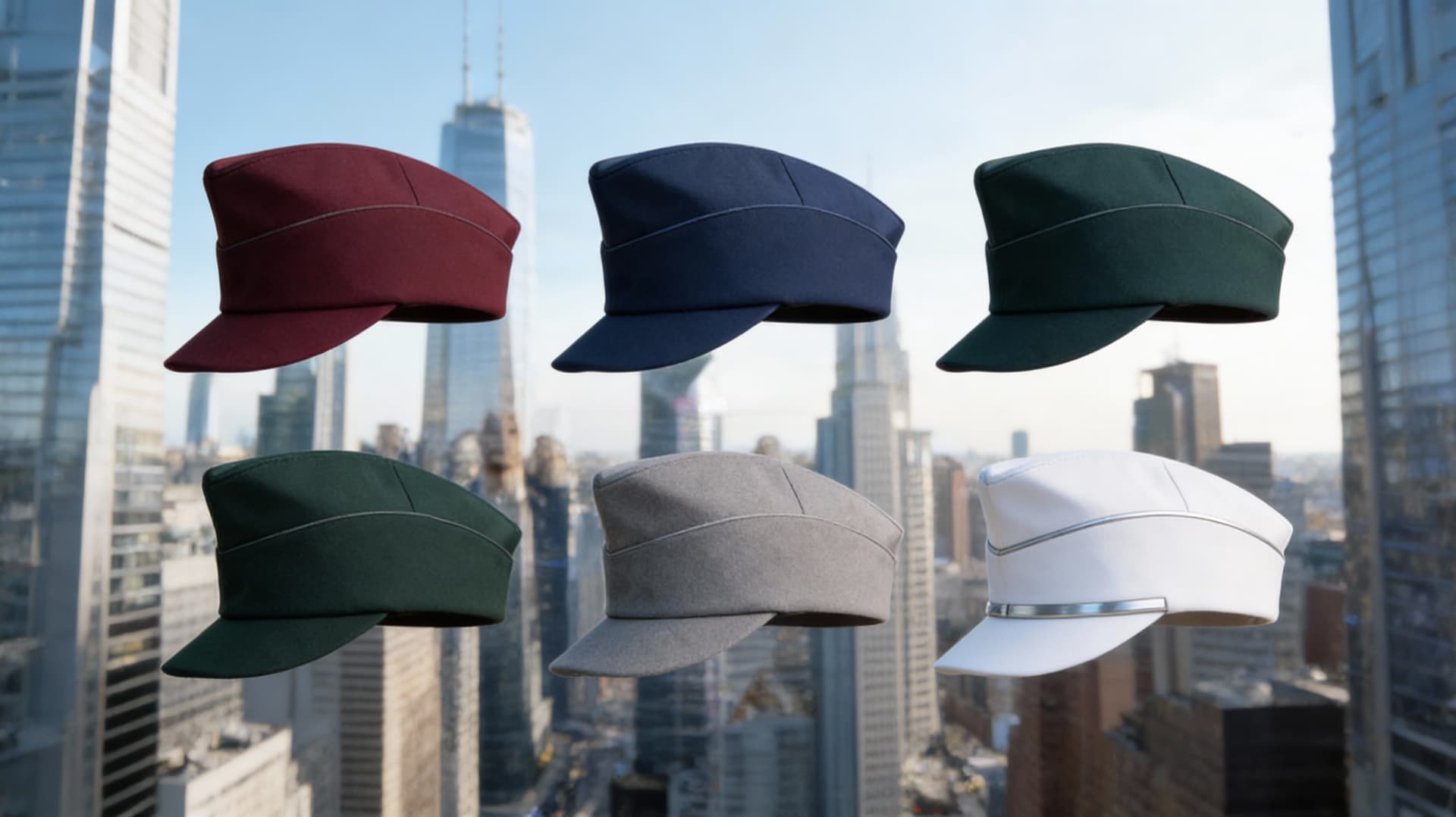 AI generated: Create a Sci-Fi uniform Cap. Use the Reference image and display five female caps. One Dark Red, one...