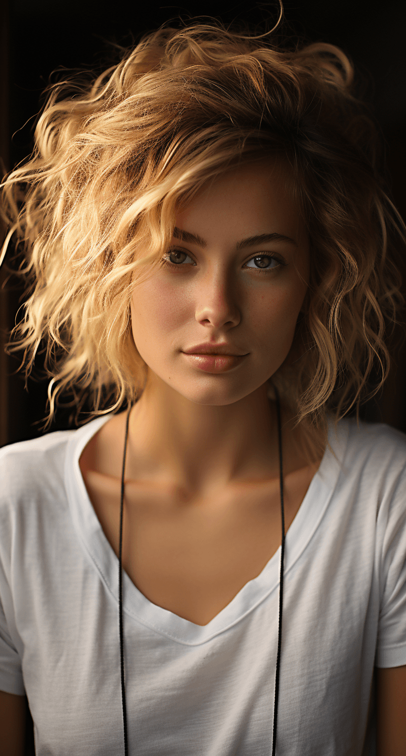 AI generated: a detailed and realistic portrait of a beautiful woman, blonde hair, round eyes and short messy hair...