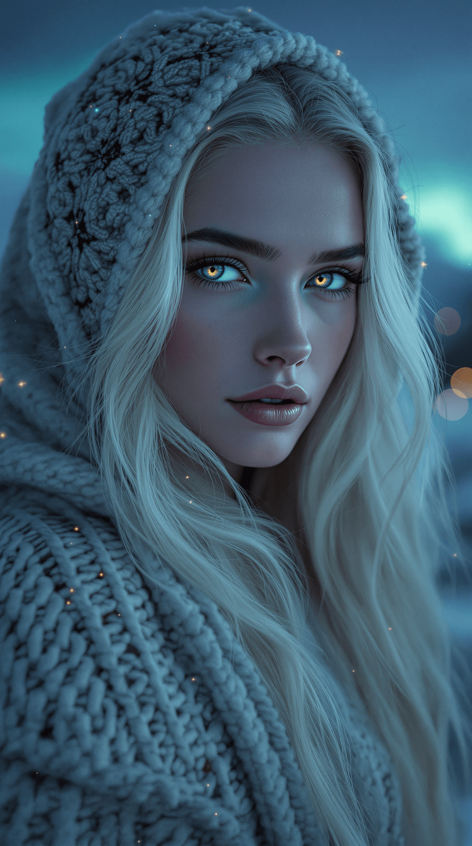 AI generated: A striking and ethereal **nighttime portrait of a Scandinavian woman**, exuding **natural beauty, qu...