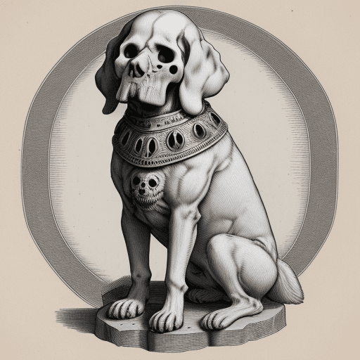AI generated: A DOG holding a human skull, an engraving from the 4th century AD, in the style of William Jonscher ...