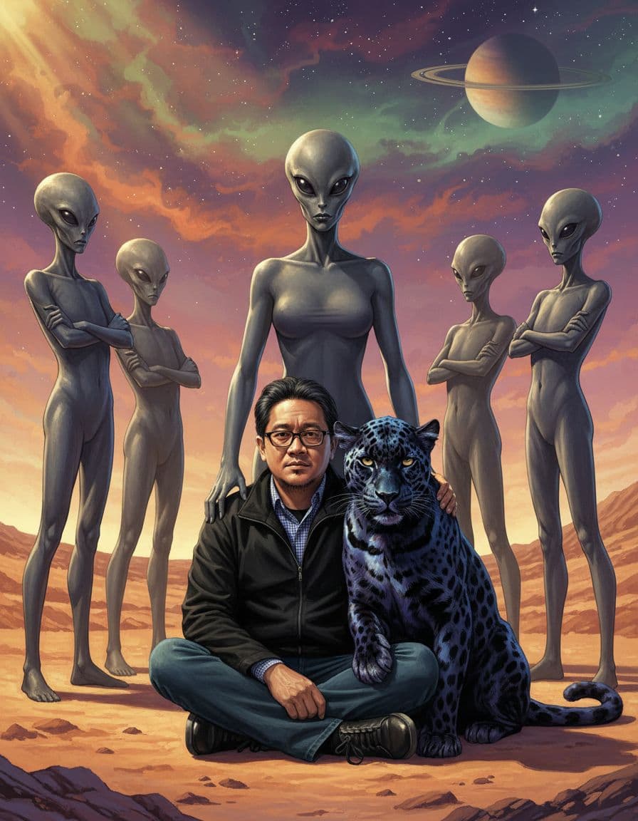 AI generated: A man with black hair, black eyes, and a black jacket sits on the ground next to his pet leopard in ...