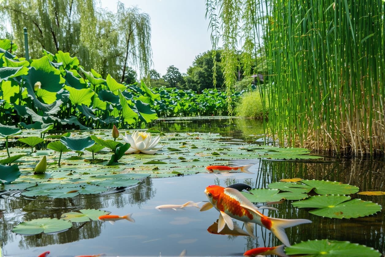 AI generated: quiet pond with lilies and carp in the water. 
