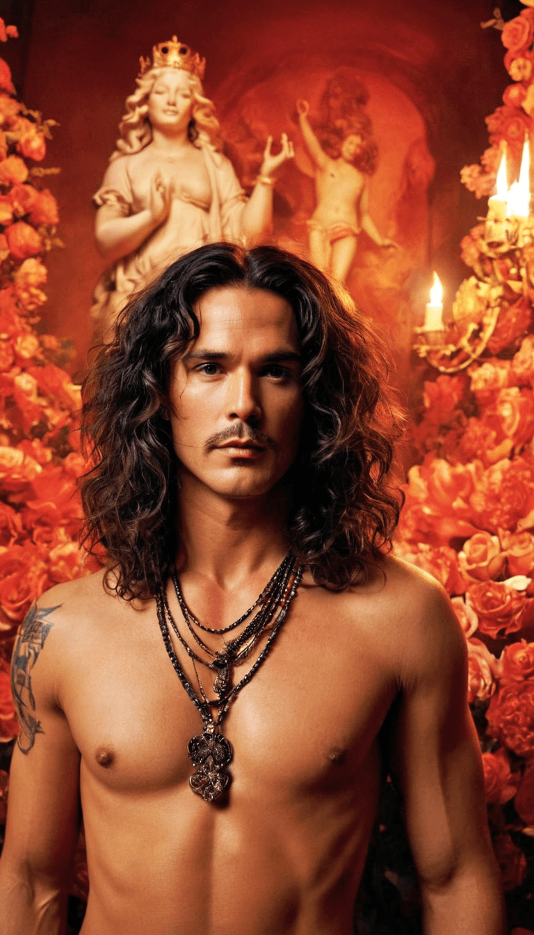 AI generated: A fashion editorial, curly haired male model with naked torso and tattoo in style by David LaChapell...