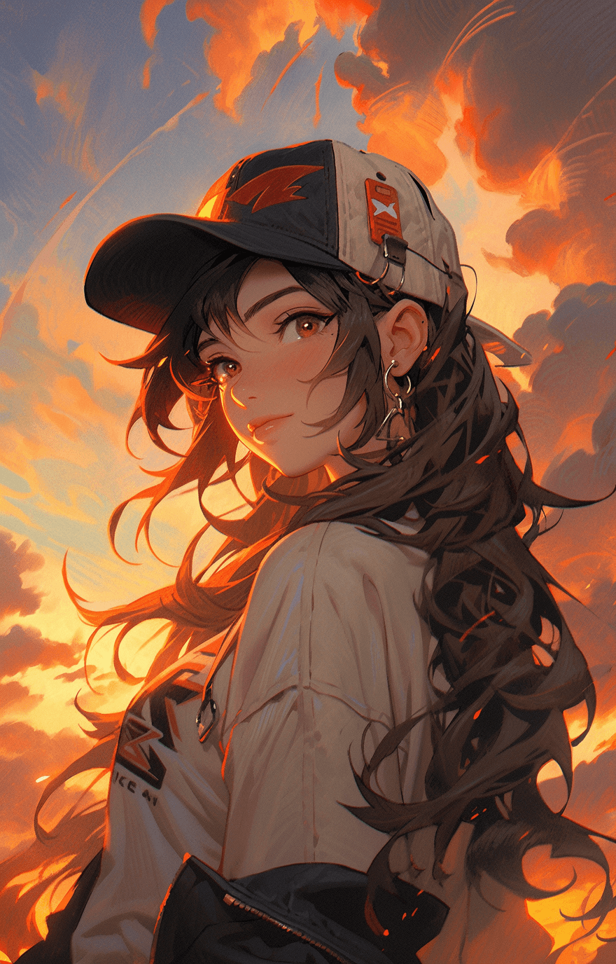 AI generated: a girl standing in front of some fiery clouds, in the style of artgerm, chinese iconography, skottie...
