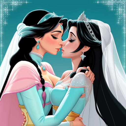 AI generated:  Elsa, white and pink and silver, kissing Princess Jasmine from Disney. Ensure that Jasmine's iconic...