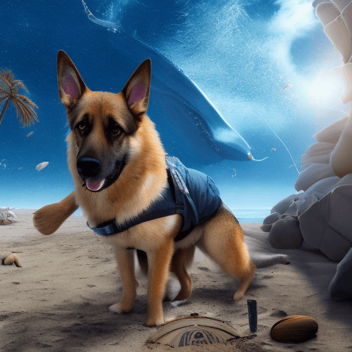 AI generated: a German Sheppard dog in a space suit on a long sand beach with palms and a whale in the ocean, all ...