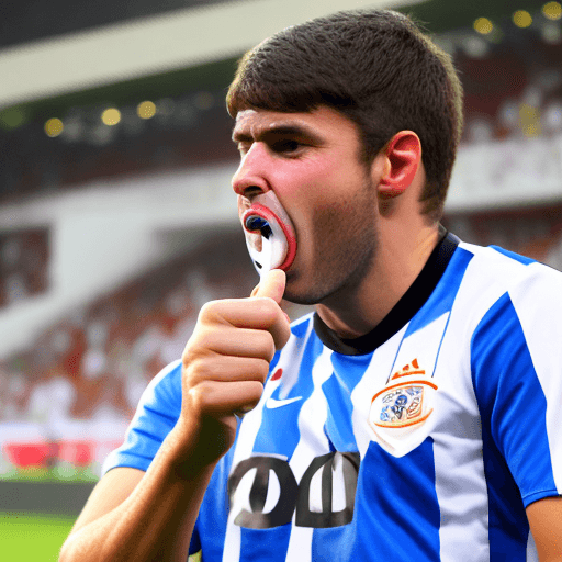 AI generated: A soccer fan putting two fingers to his mouth to whistle