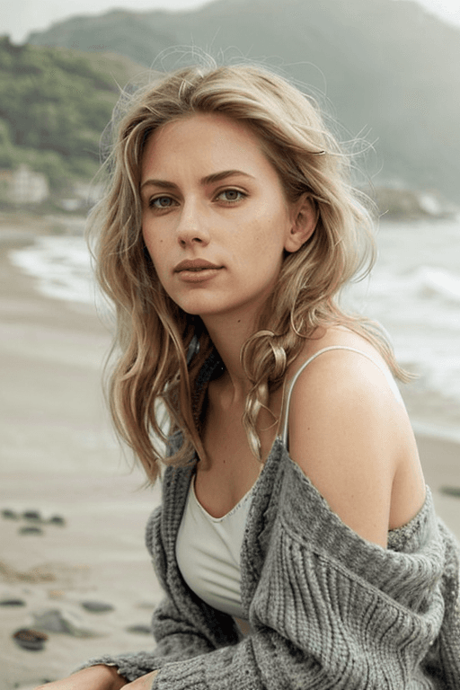 AI generated: sc4rj0, Generate an image of a woman sitting on a beach with an overcast sky and soft waves in the b...