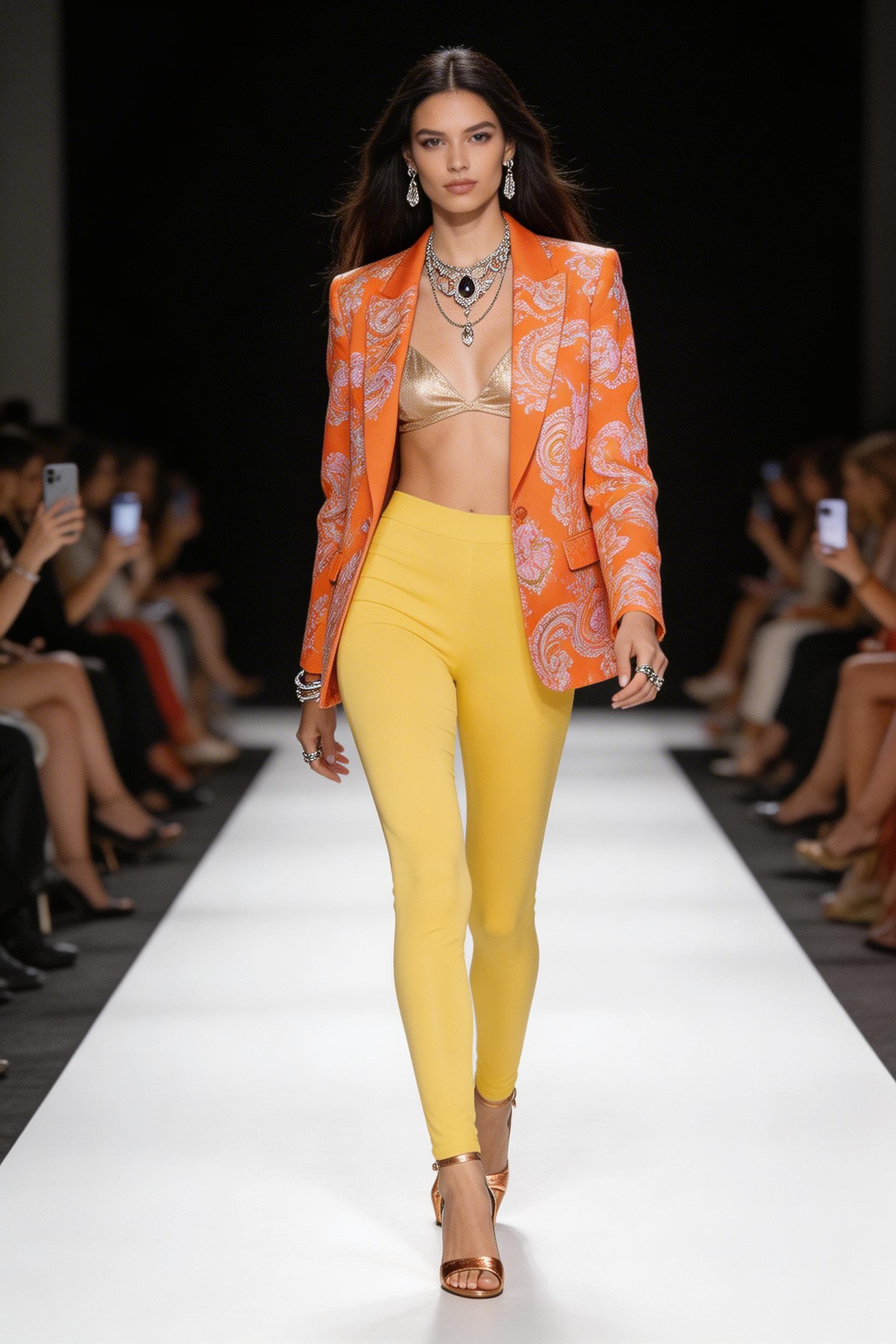 AI generated: A fashion model confidently walks down a runway, showcasing a vibrant orange patterned blazer and br...