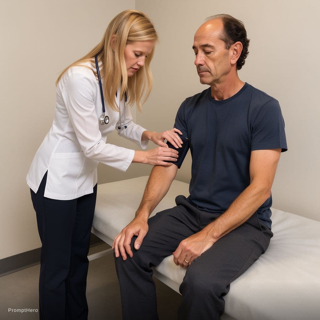 AI generated: a tall, thin female doctor with long blonde hair is wearing a white bra with a stethoscope around he...
