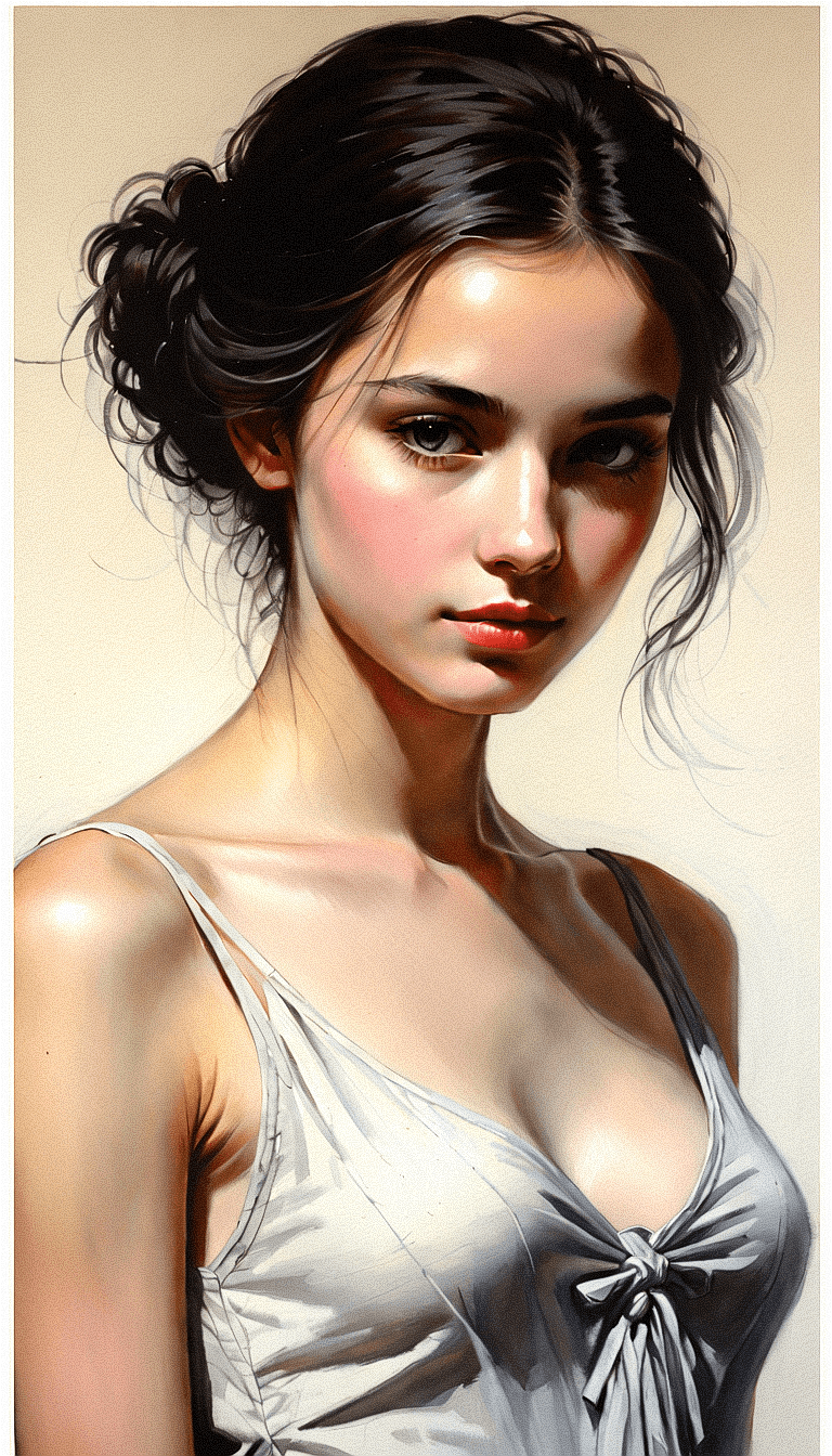 AI generated: he image is a hyper-realistic portrait of a young woman, shown from the waist up. Her dark hair is u...
