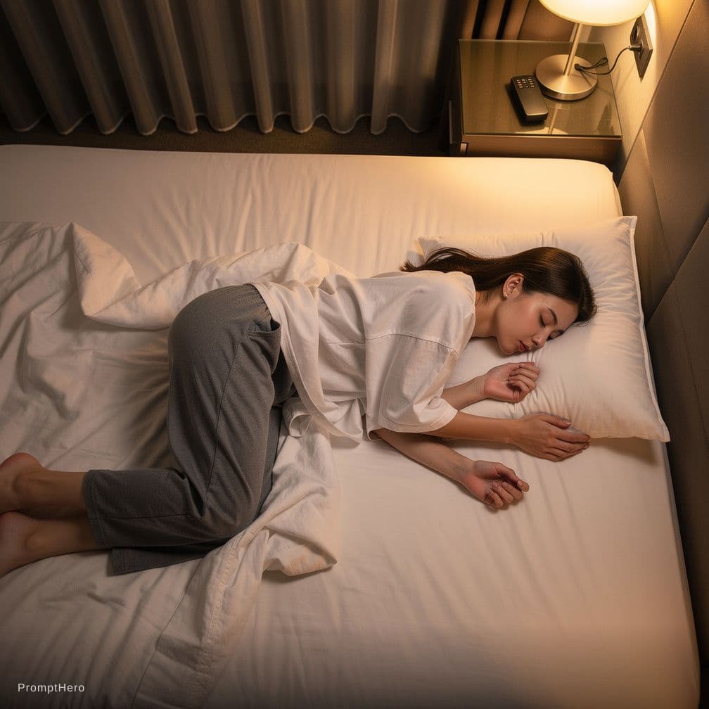 AI generated: make a 20 year old girl sleeping on a hotel bed with semi sheer pants and a halfcut top. with her fa...