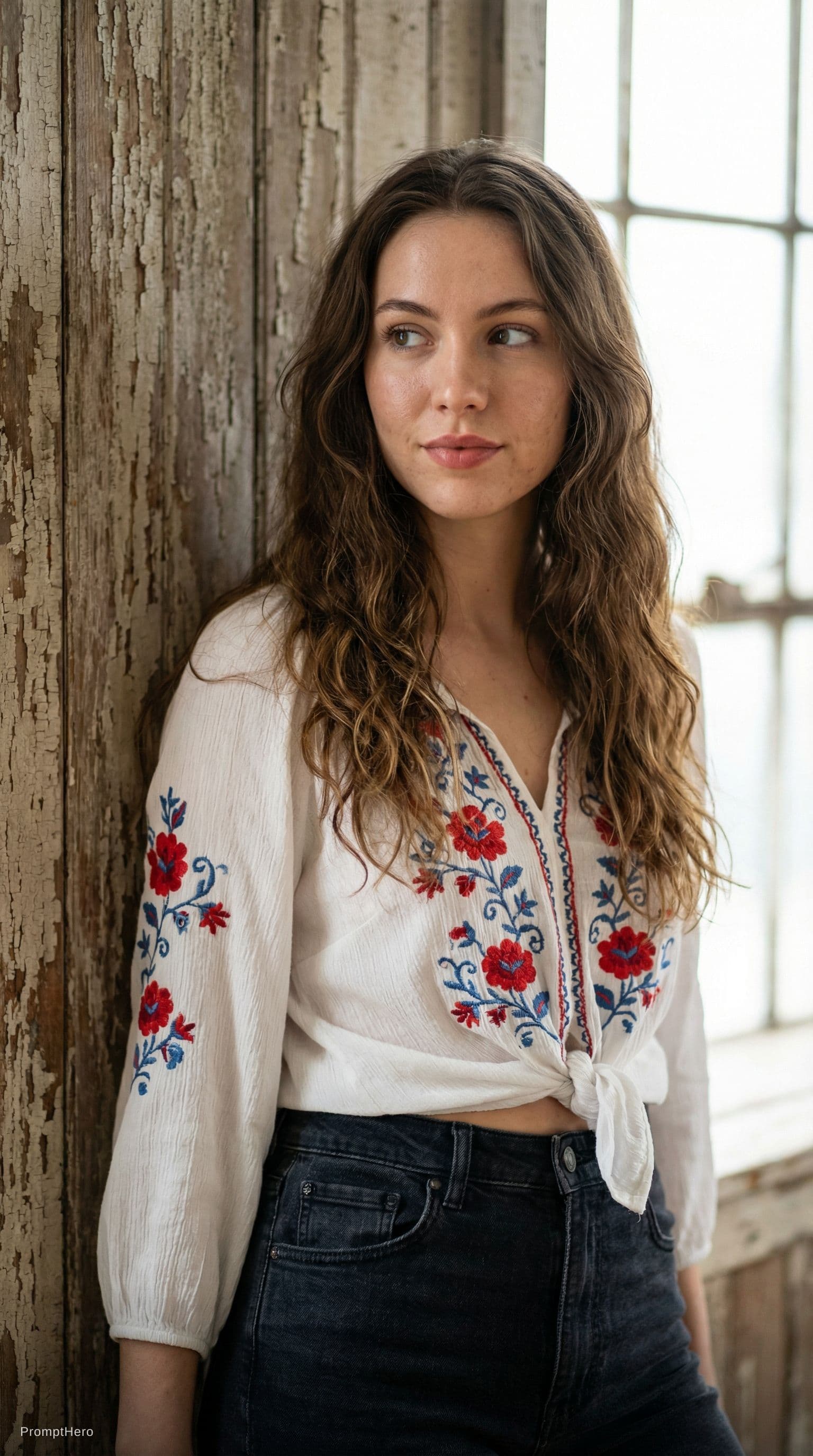 AI generated: Portrait of a young woman with long, wavy brown hair, wearing a white blouse with floral embroidery ...