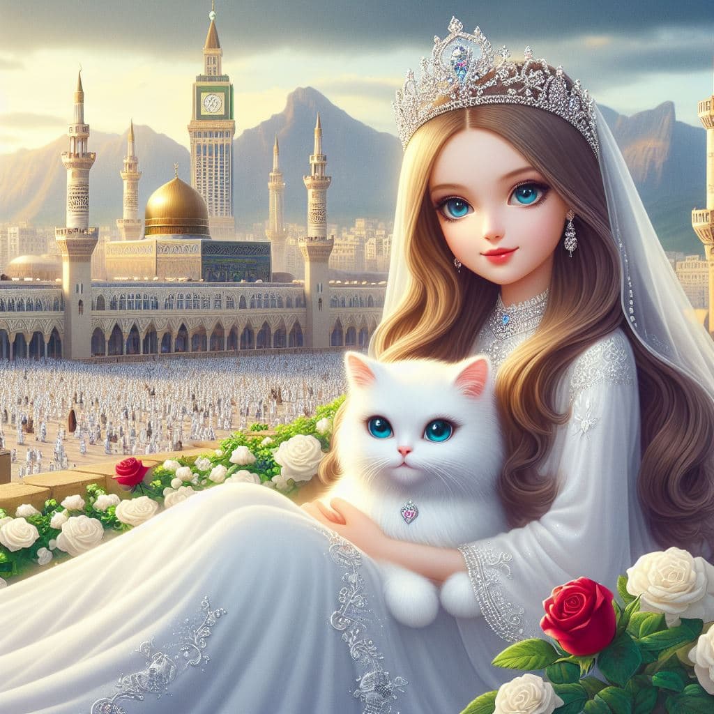 AI generated: Create an image of a young Muslim girl sitting gracefully in front of the majestic cityscape of Madi...