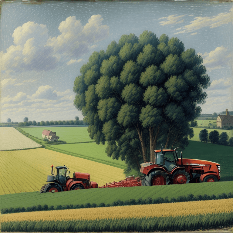 AI generated: Portrait of a Large tractor moving on a field with haying peasants  in Pissarro style