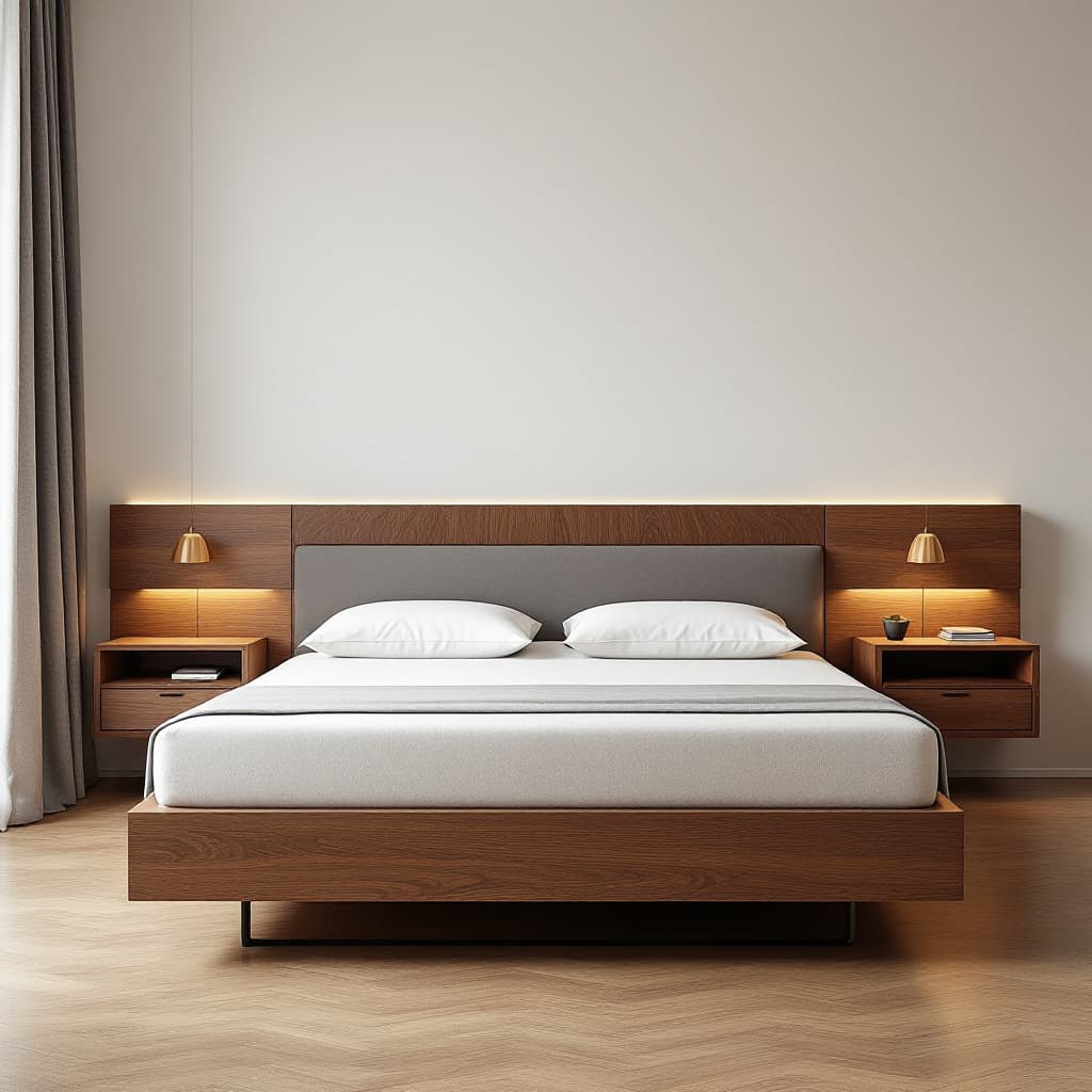 AI generated: "A bedroom with a continuous headboard made of walnut wood, featuring a central section upholstered ...