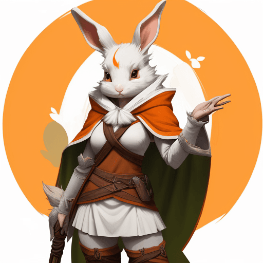 AI generated: art of a rabbitfolk ranger.  She should have white fur. She is wearing an orange and white cloak. sh...