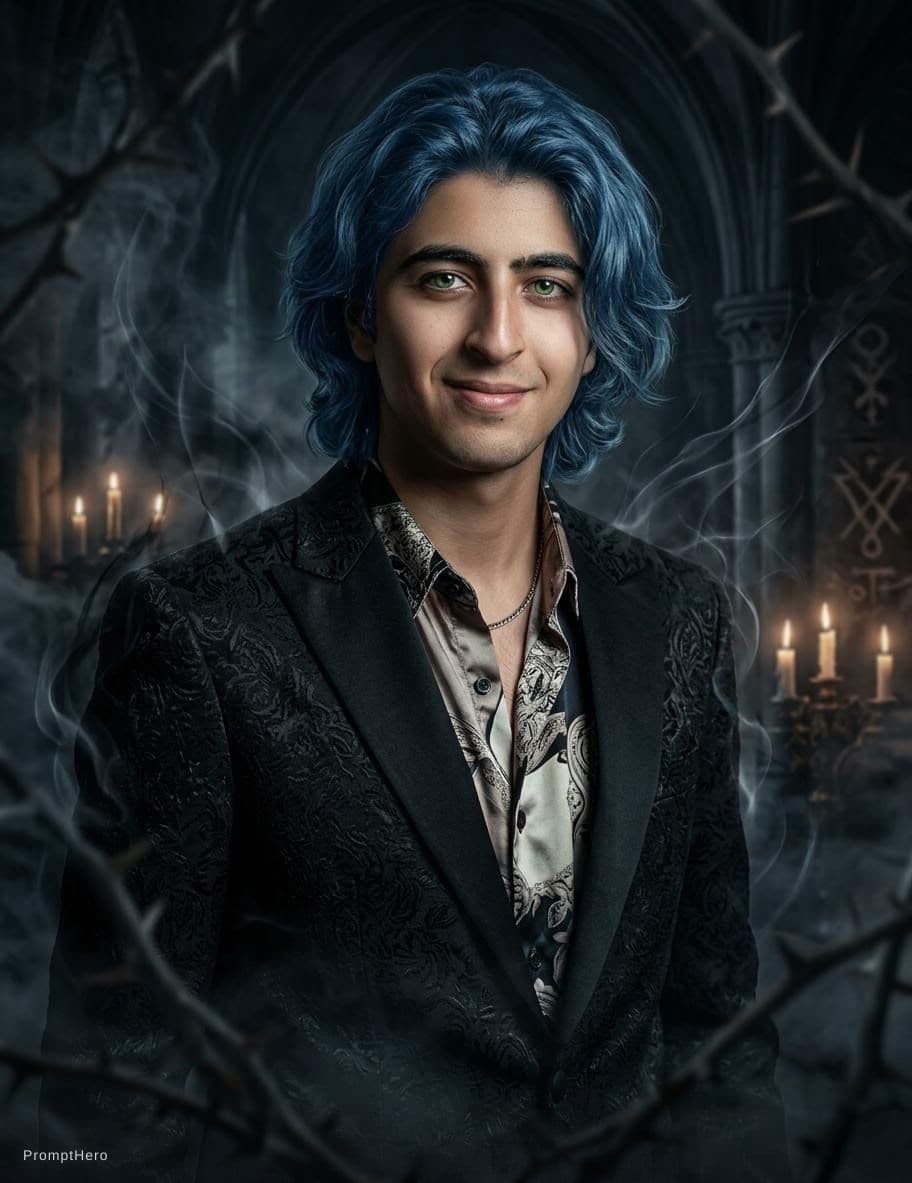 AI generated: animate, beautiful but dangerous young man, tall, half length to shoulder blue hair, green eyes, wea...