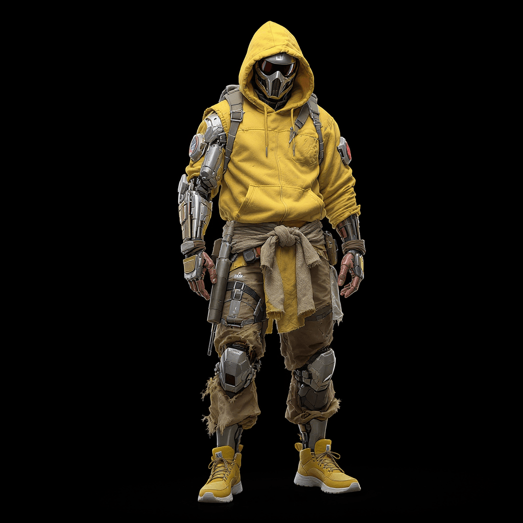 AI generated: futuristic character blending advanced technology with traditional, rugged clothing. The black backg...