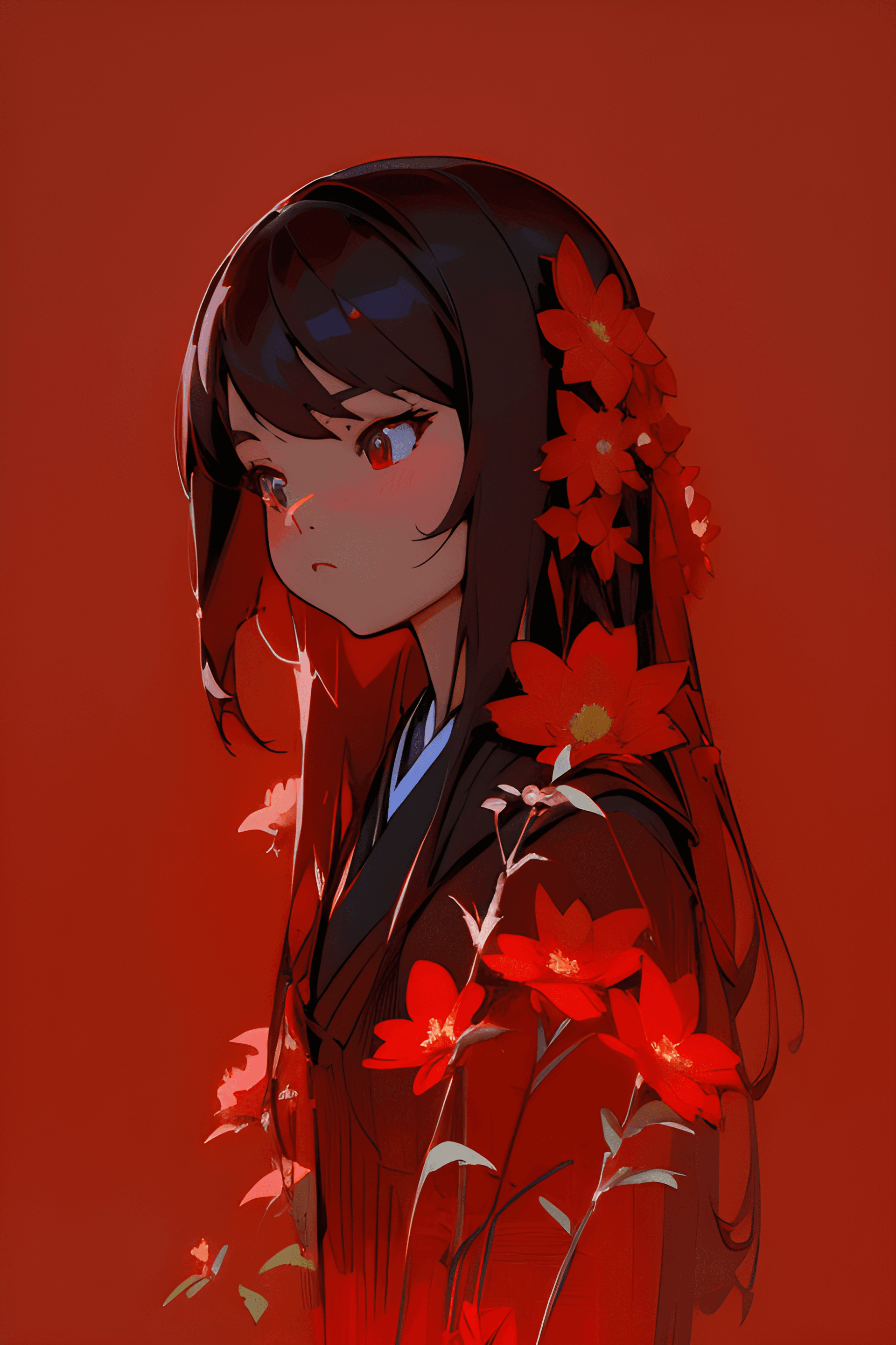 AI generated: a woman standing in front of a red wall, digital art, by Li Song, fantasy art, close up of a young a...