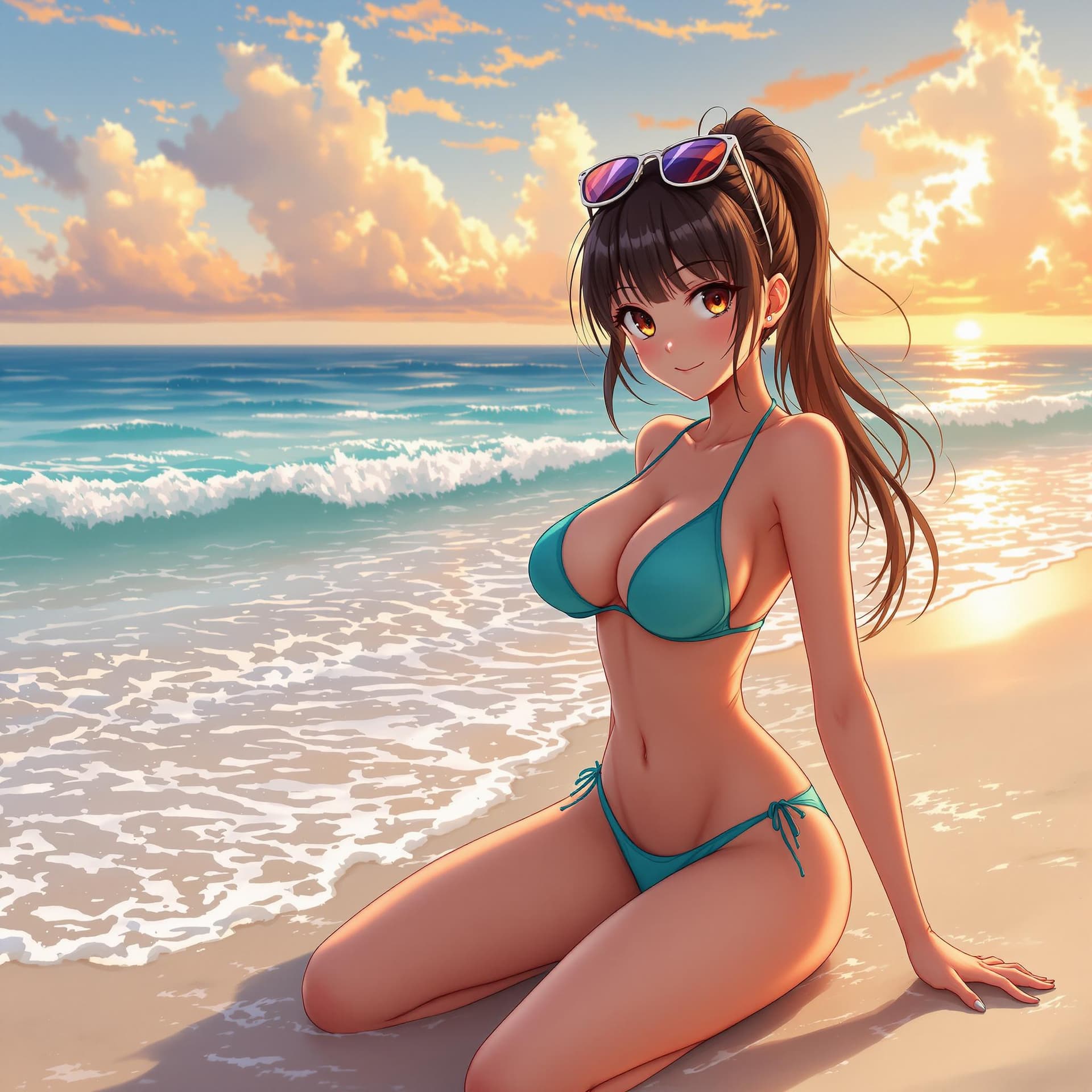 AI generated: Anime girl, in a beach, wearing a bikini, big chest, wet, spread legs, cute, sunglasses on top of he...