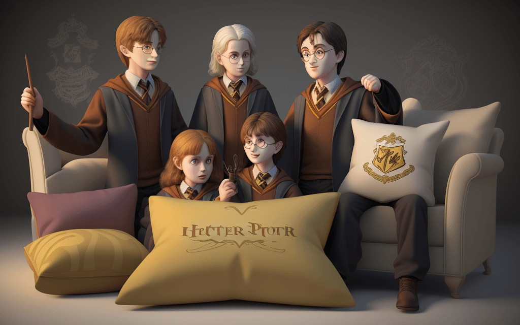 AI generated: harry potter characters illustrating cushions, background pale yellow, 3d render, vector, poster, pa...