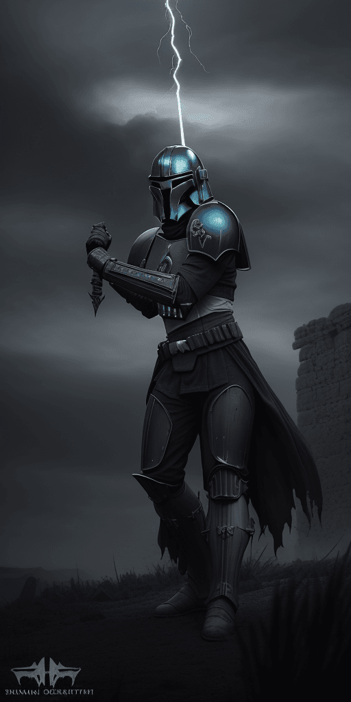 AI generated: (evil, never seen before, Mandalorian, Beskar Spear, dark atmosphere, sinister, terrifying, glowing ...