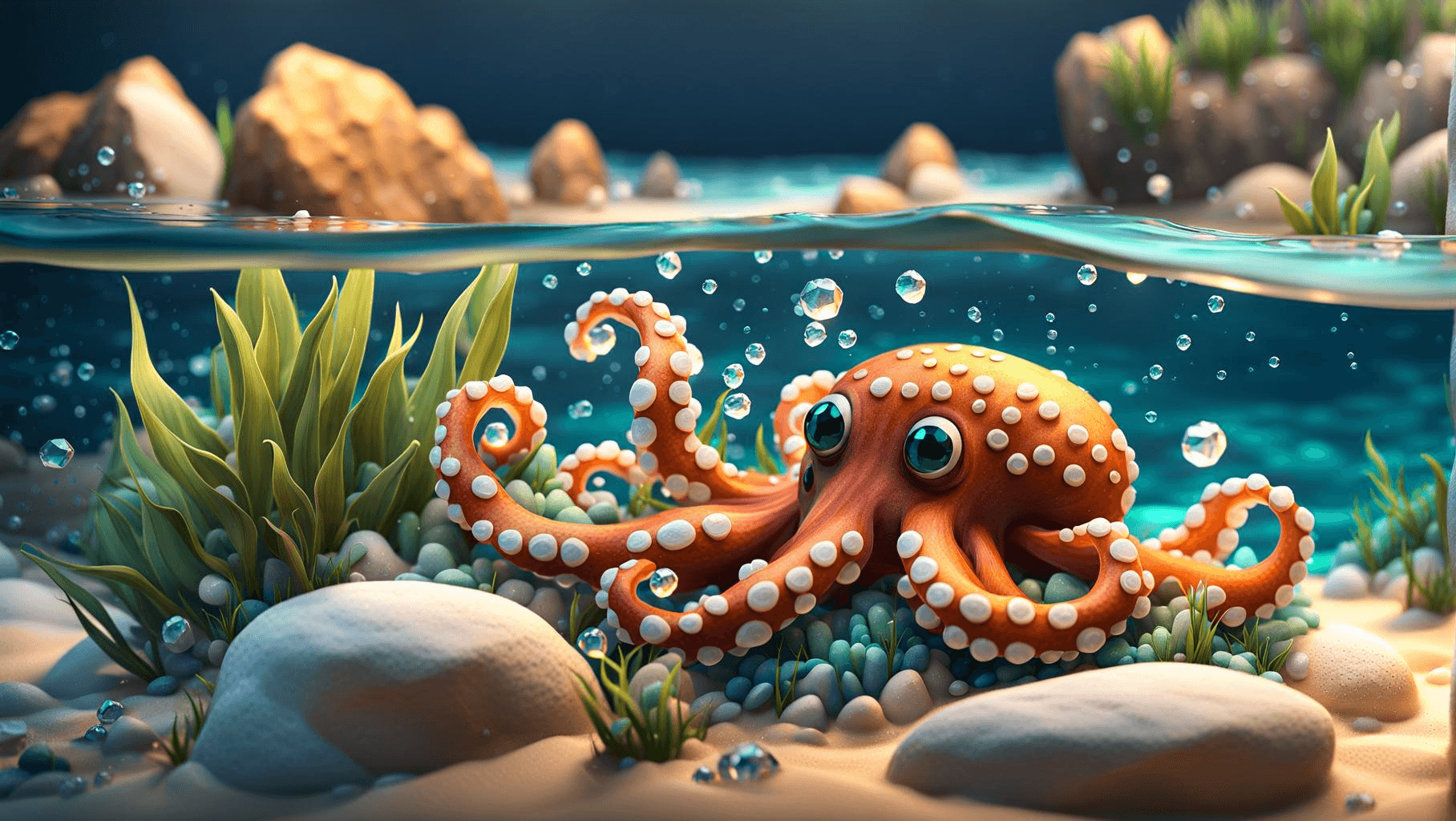 AI generated: insanely detailed cinematic digital painting, cute octopus , floating on sea stormy waves and low po...