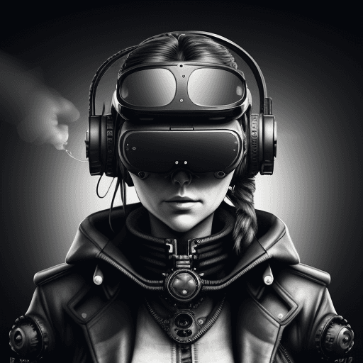 AI generated: Steampunk style, female pilot, VR helmet, mechanical remote, steam drone, gear background, black and...