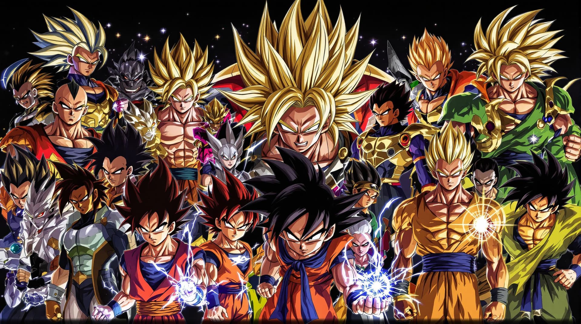 AI generated: High resolution dragon ball, all characters, including non fighter`s,dark background