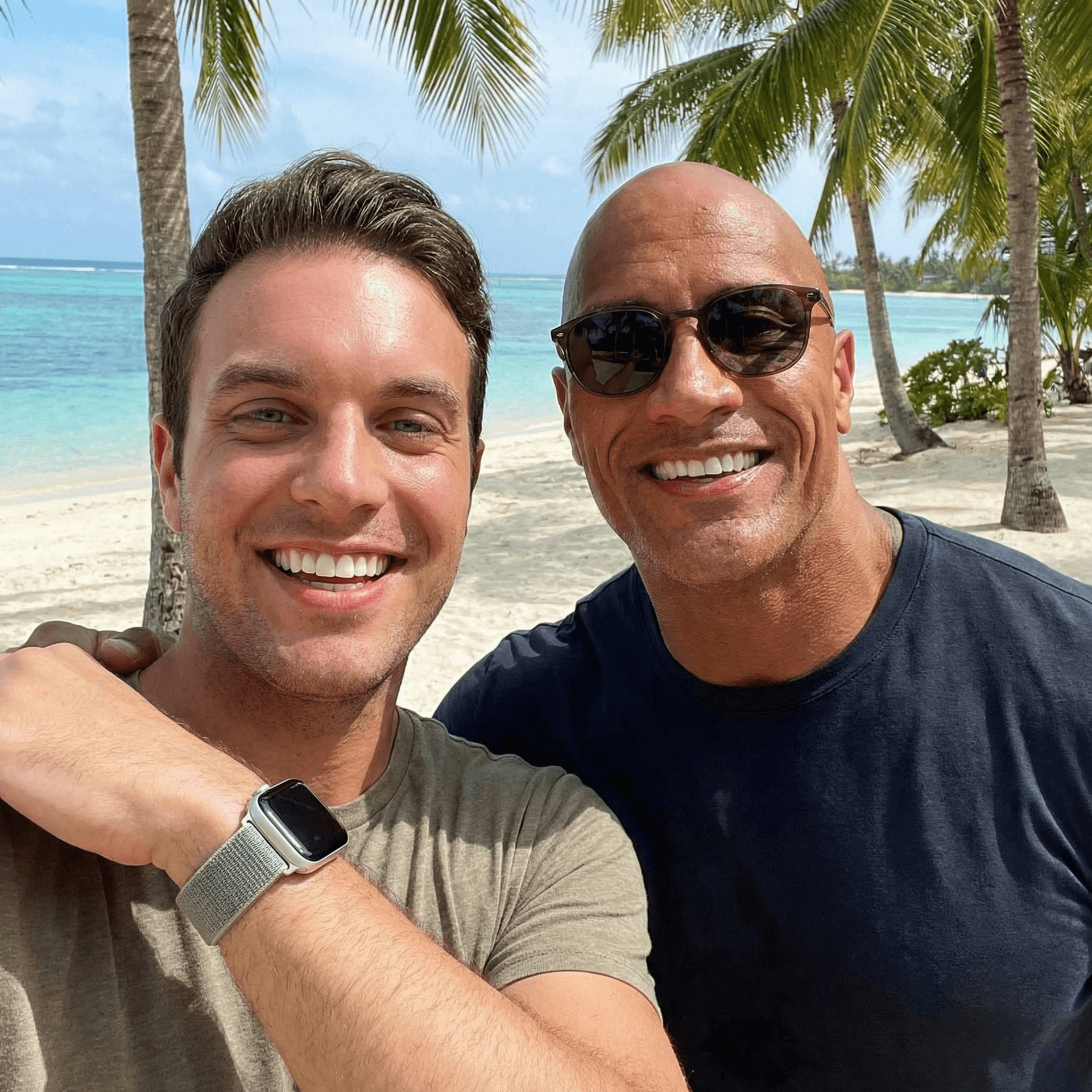 AI generated: with Dwayne Johnson at a tropical beach, sunny day, both smiling