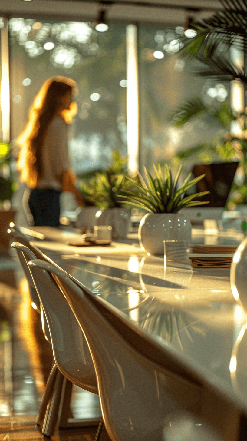 AI generated: photography, candid shot, office meeting room, modernism style, used camera is Canon EOS 5D Mark IV ...