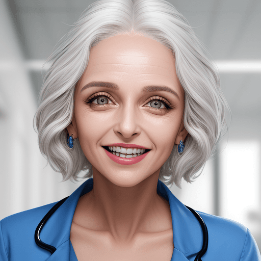 AI generated: uma mulher médica
rosto claro 
olhos escuro 
cabelo escuro  
sorriso pequeno 
dentes brancos 
detalh...