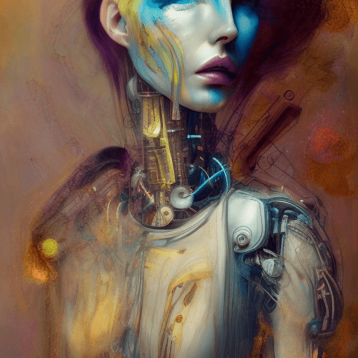 AI generated: Mixed media artwork + Emotional cyborg girl + Elegant dress + Skin lesions as a storytelling element...