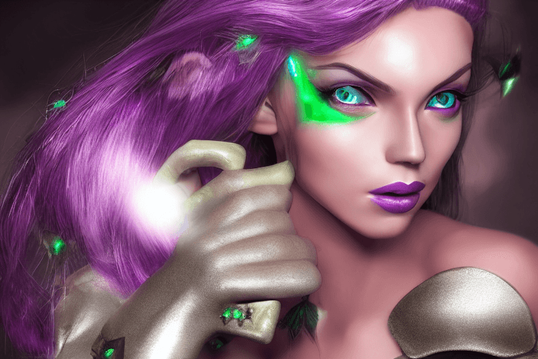 AI generated: gorgeous elf queen, emerald eye, silver hair, purple lips, 64k, FHD, WHD, UHD, concept art, volumetr...