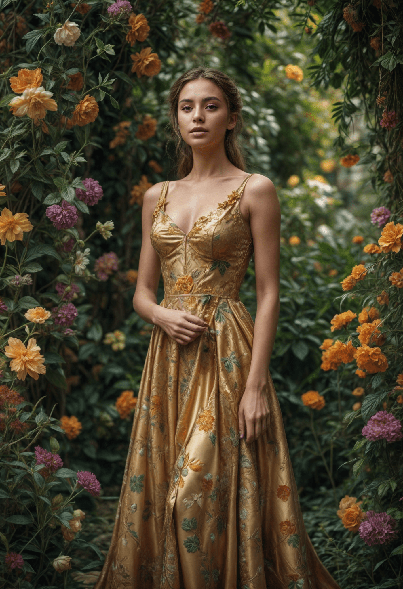 AI generated: a woman in a gold dress with multicolored flowers, surrounded by leafy greenery