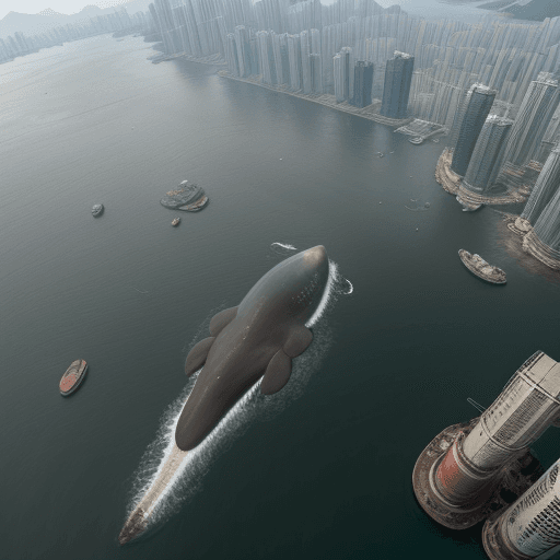 AI generated: A bird eye view of a sperm whale swimming in a post-apocalyptic harbour in Hong Kong  
