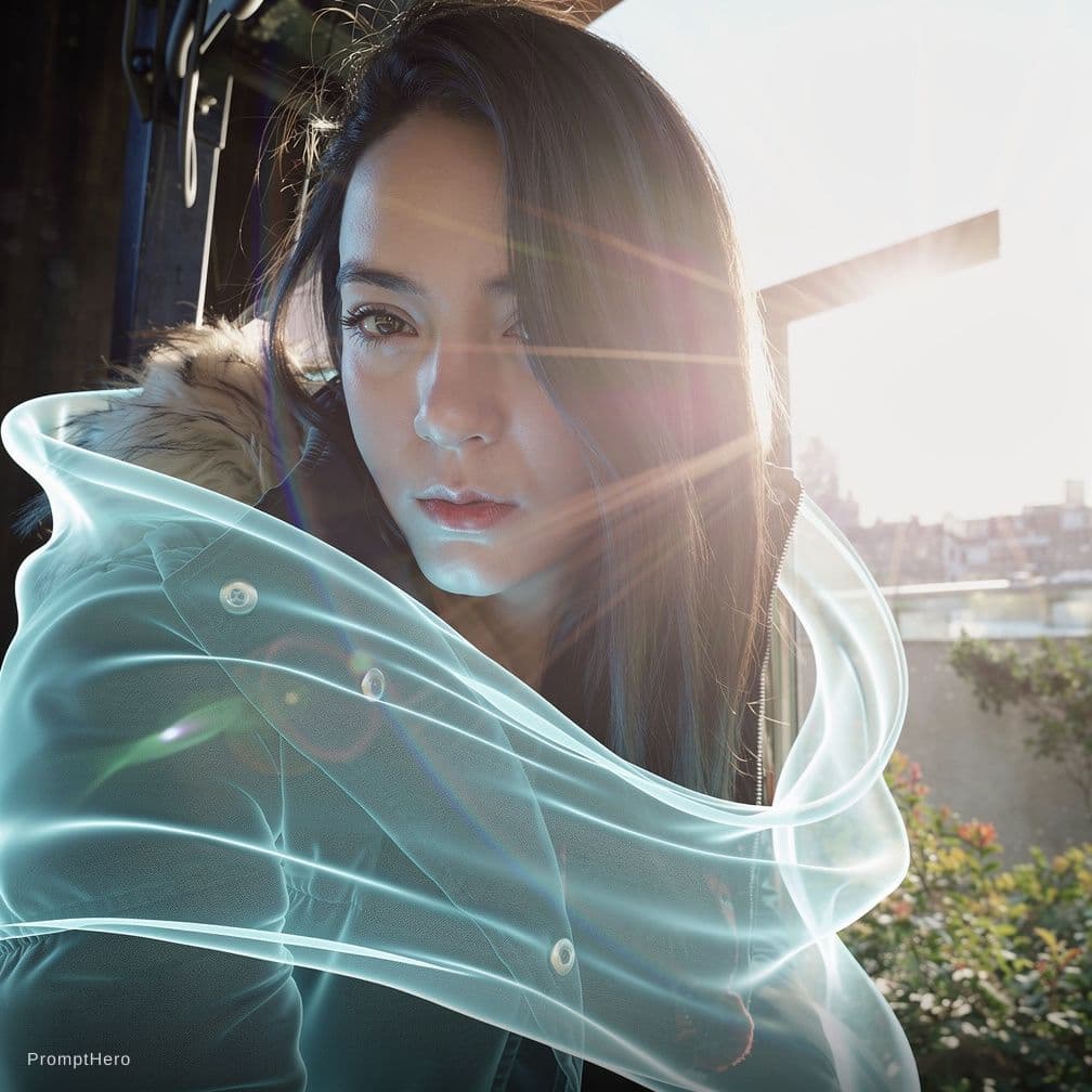 AI generated: Luminous Portrait Piece with a woman wearing a flowing fabric in 5D Rendering With Glowing Fabric --...
