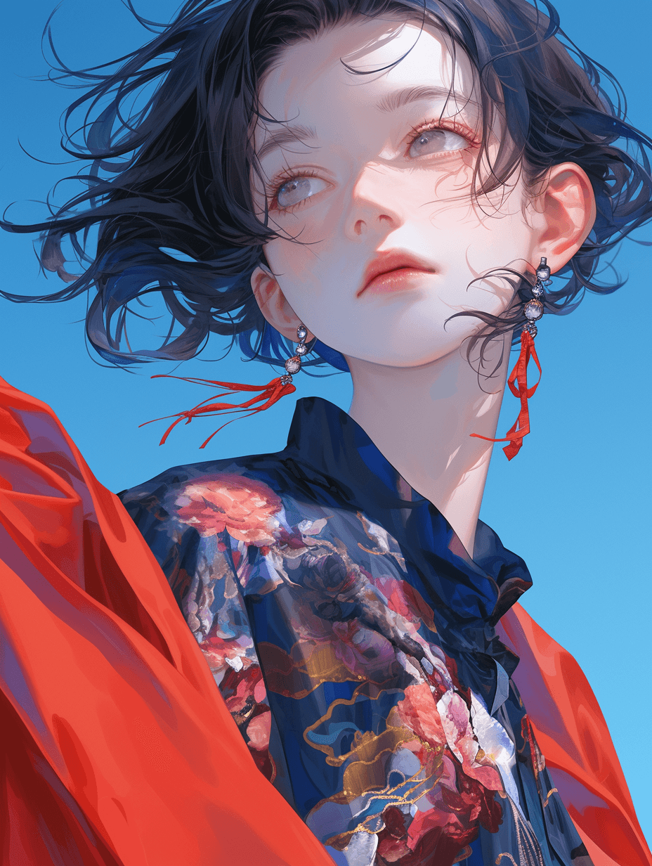 AI generated: shorthaired anime girl, wearing flowing fabric shirt, wearing earrings, shot in Looking up perspecti...