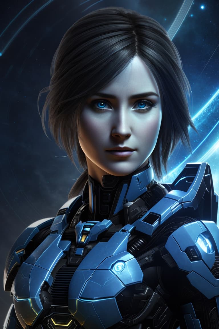 AI generated: A portrait of Cortana, from the game Halo, as human with Master Chief armor without helmet, with a g...