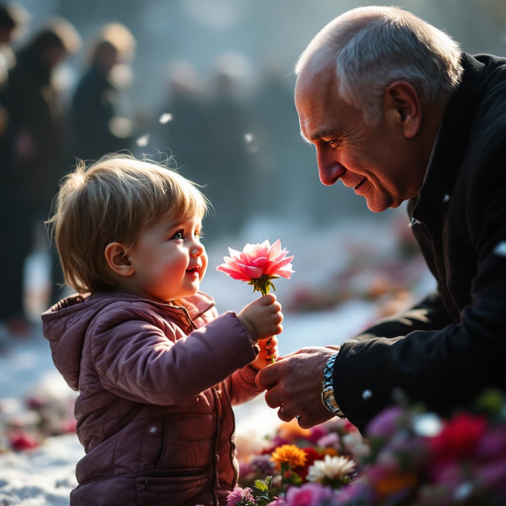 AI generated: High resolution photography of  a child donating a flower to lukashenko