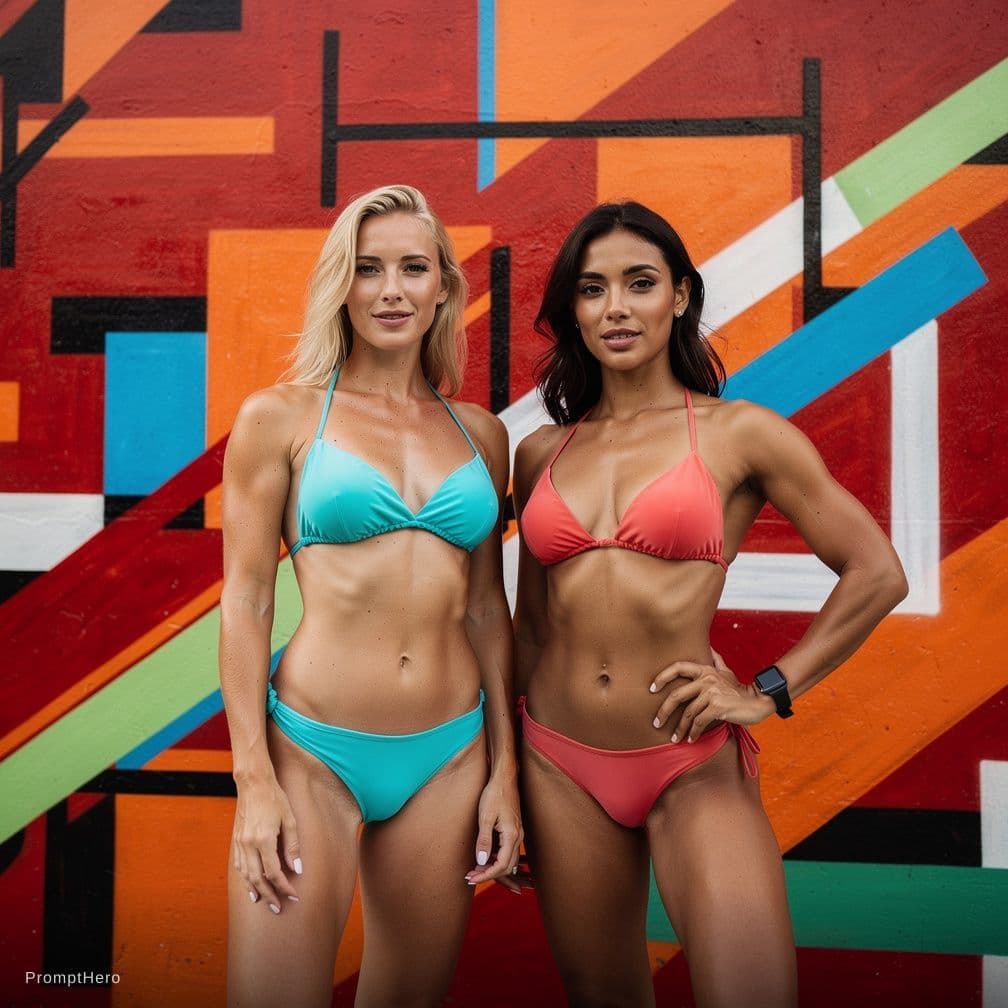 AI generated: Two hot tanned girls, one blonde, the other brunette, with average breast sizes. They are wearing mi...