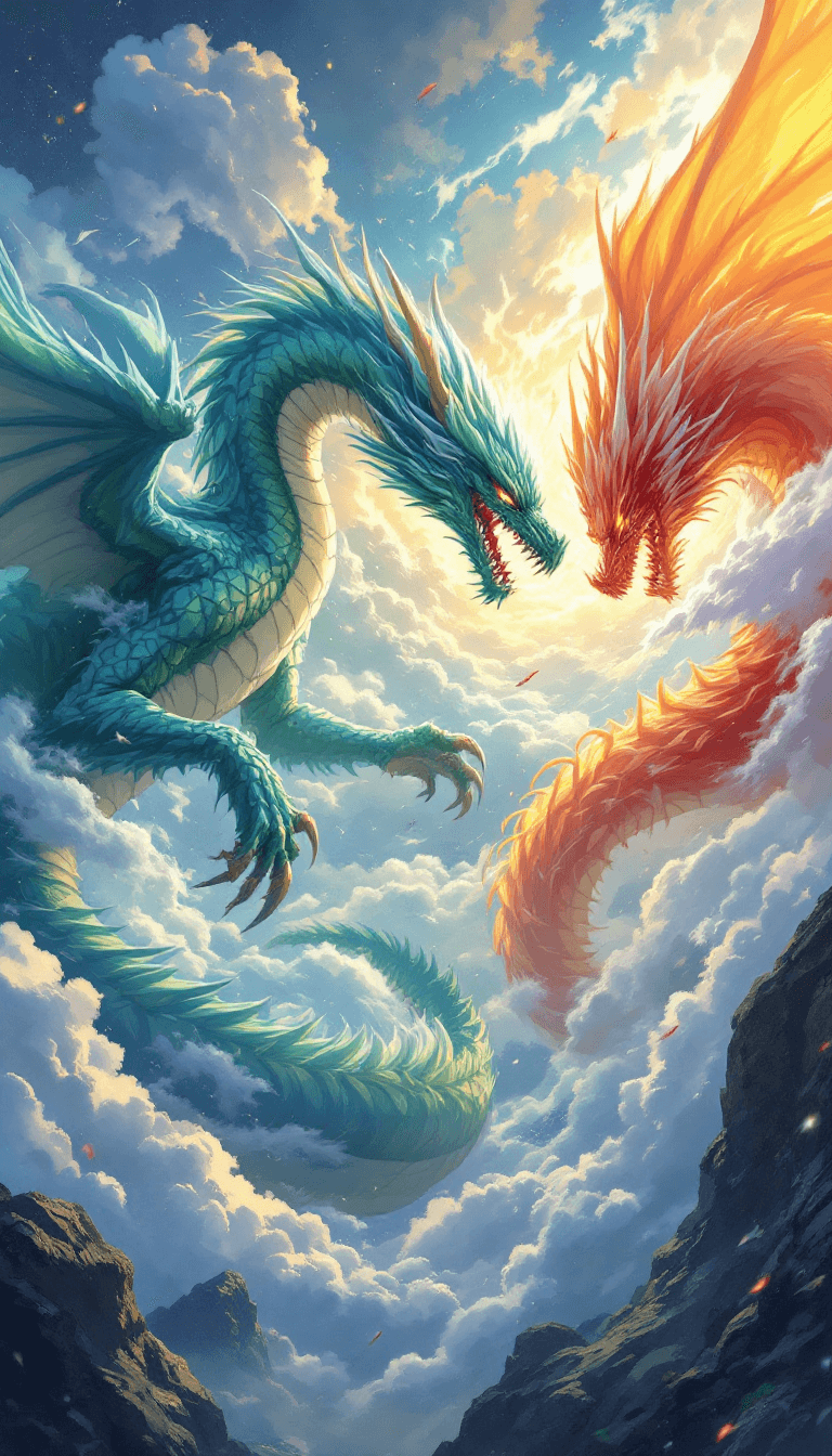 AI generated: Fierce battle in the sky between two dragons --chaos 75 --ar 1:2 --style raw --profile rsy6uq9 --sty...