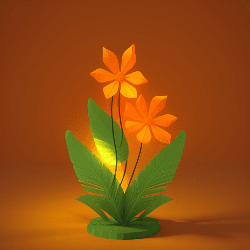 AI generated:  abstract 3D shape parot, foliage and flowers incorporated, light emitting, orange background 