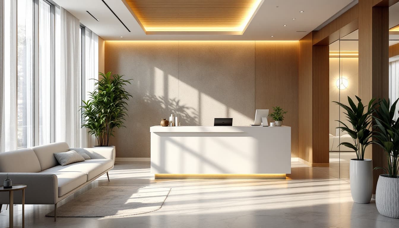 AI generated: MODERN doctors partice reception area BRIGHT COZY GOLDEN HOUR LIGHT from the side --no people
